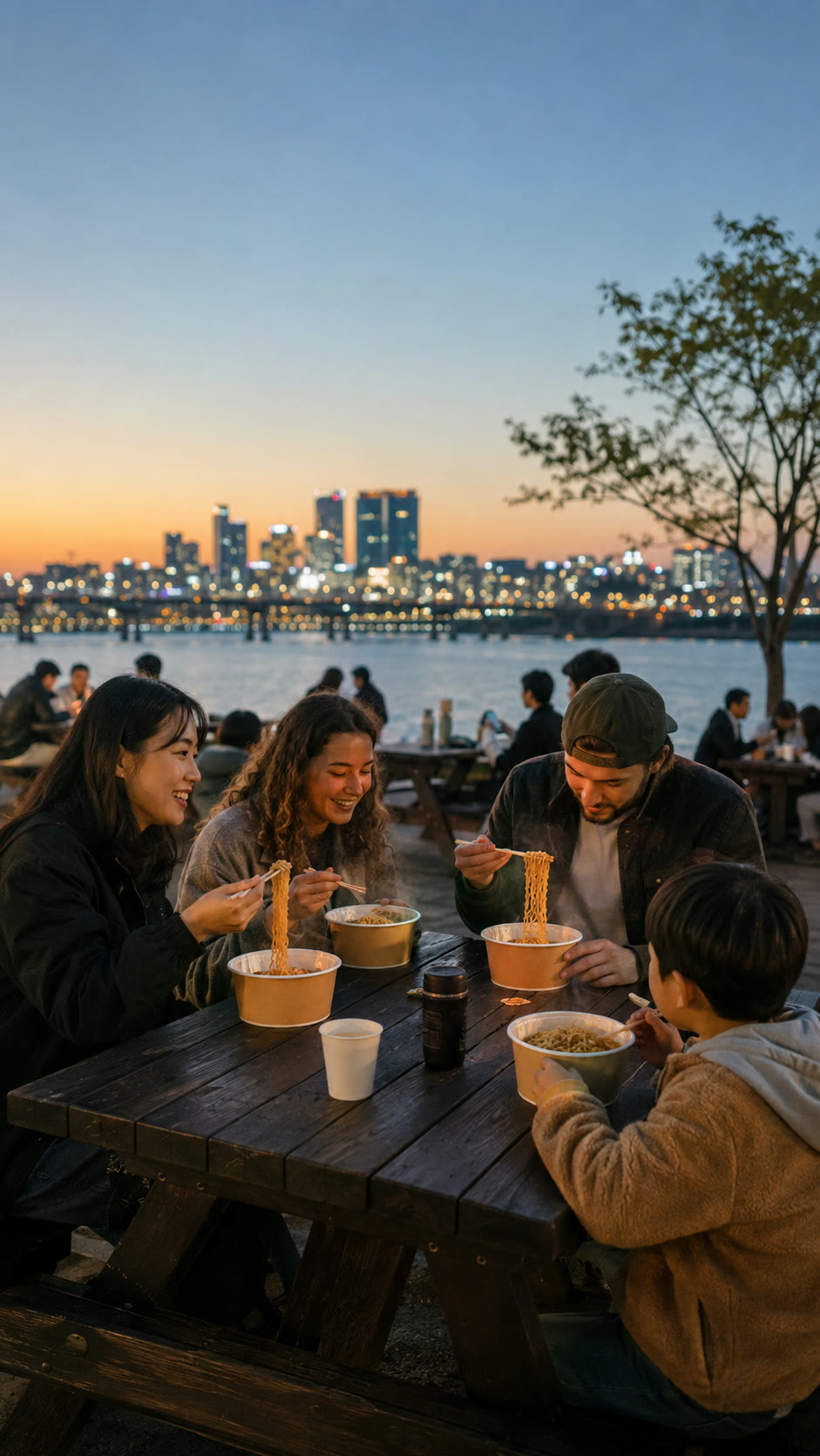 Friends eating bowls of ramen beside the Han River at sunset