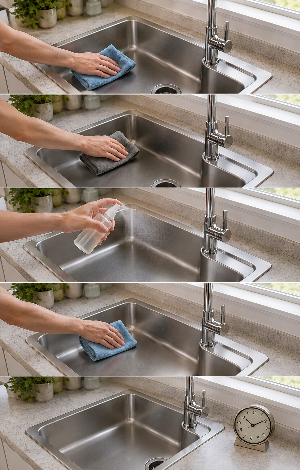 Five-step application example: clean a stainless sink, dry it fully, mist a small amount, spread and buff with microfiber, then keep it dry while the coating cures
