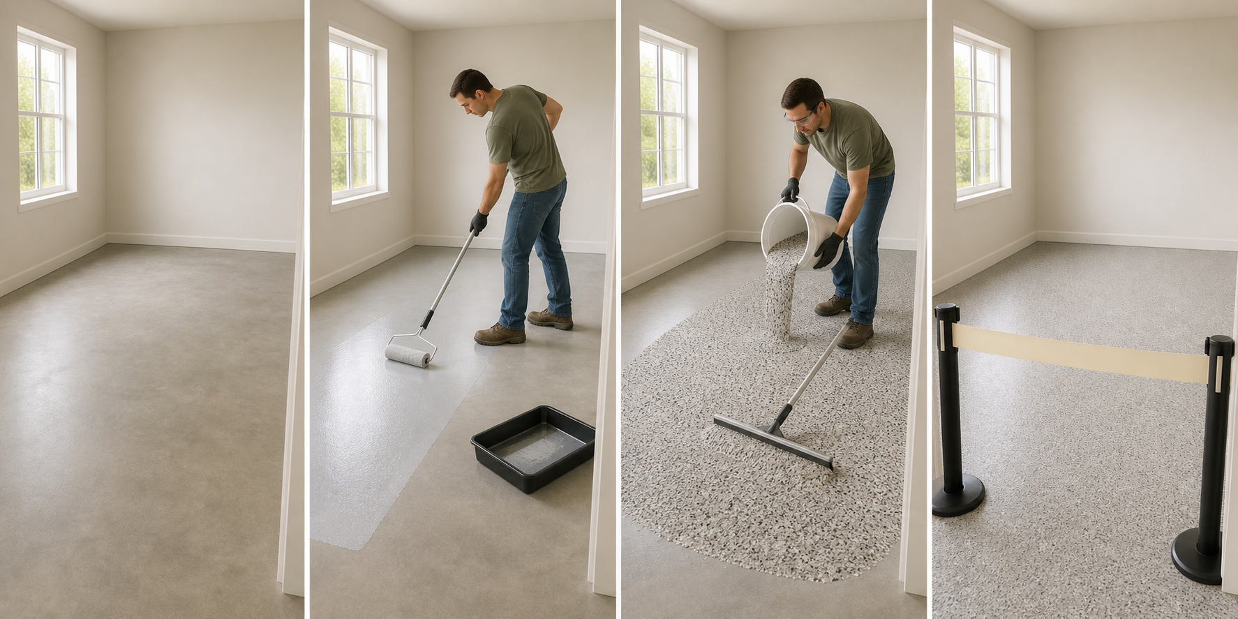 Example illustration of floor preparation, priming, spreading, and curing